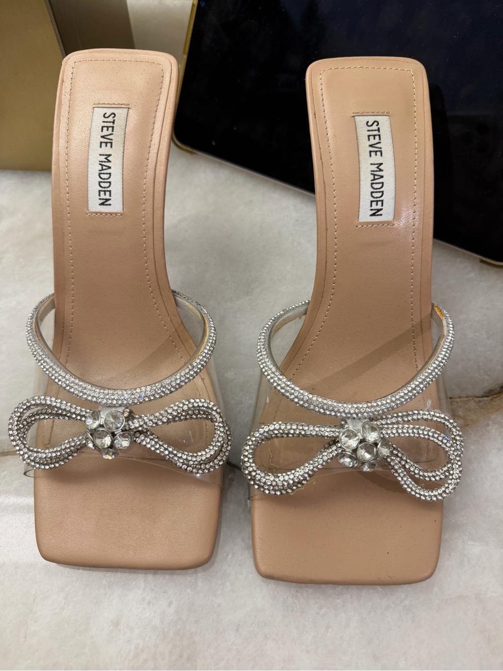 Steve Madden Nude Crystal Bow Slide Heels